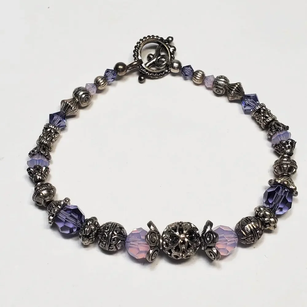 Purple Crystal Silver Tone Bead Toggle Bracelet 8